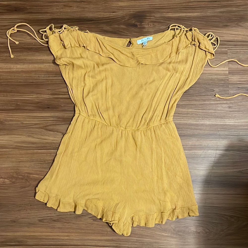 Gold She + Sky romper with tied sleeves!